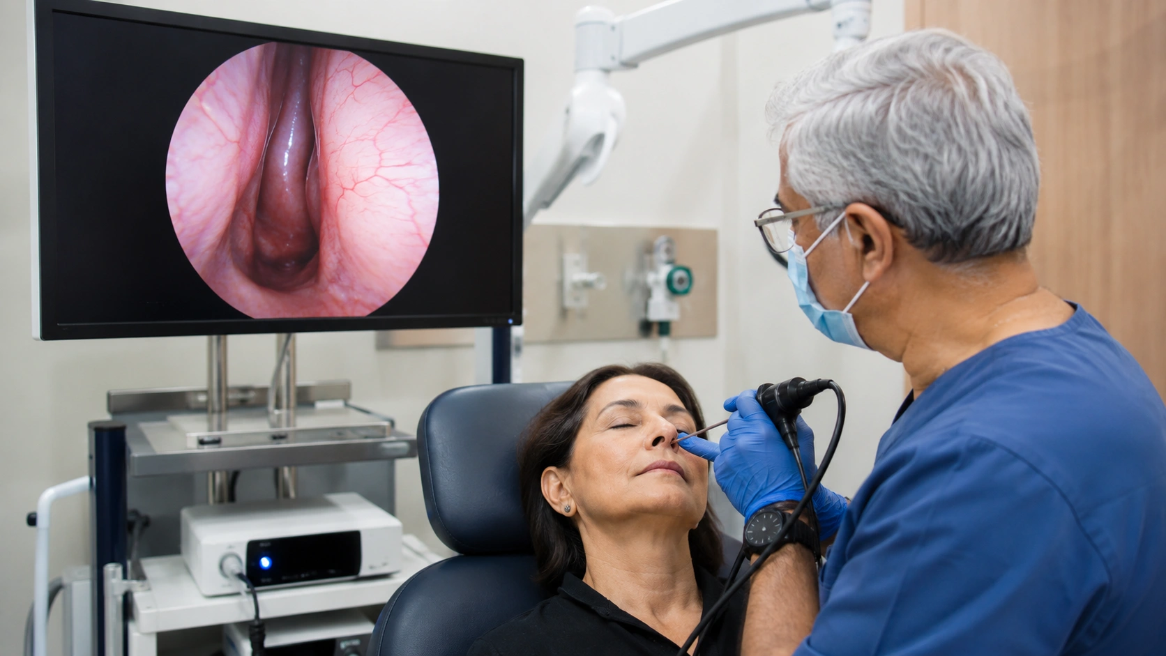 ENT specialist evaluating a patient's nosebleed