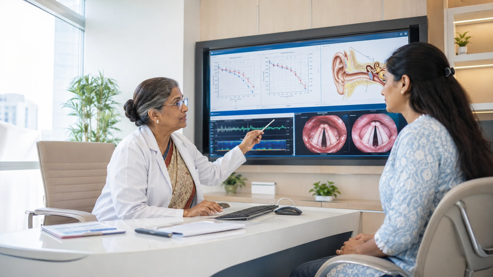 Laryngoscopy examination for voice evaluation